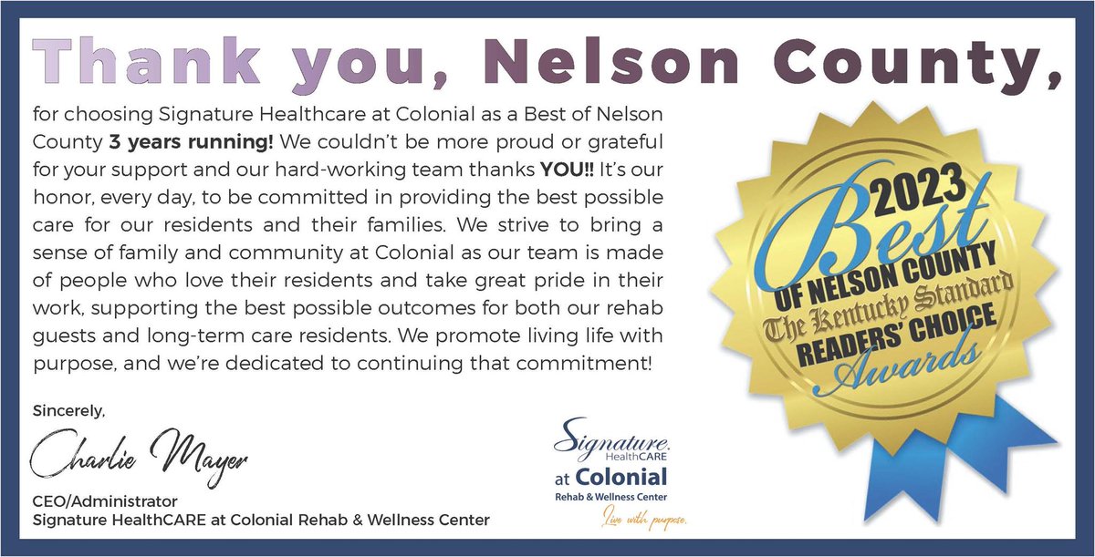 LTCrevolution's tweet photo. Thank you, Nelson County! Congratulations to SHC of Colonial for winning The "Best of Nelson County" 2023 Readers' Choice Award, Best Nursing Home. Thank you to the community for voting and our incredible team. #SignatureStrong https://t.co/WCnH2ekWA0