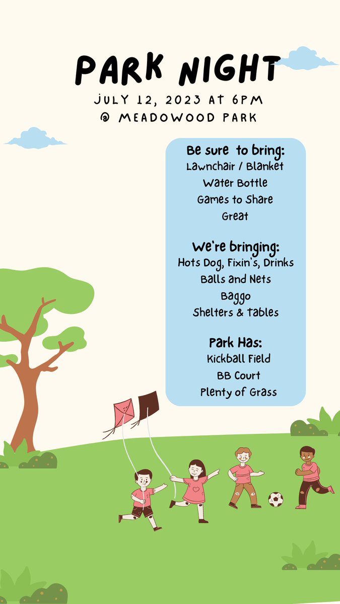 3CYouth's tweet photo. Join us tonight for Summer Midweek Park Night! We're grilling hot dogs (beef) with fixin's, plus chips, cookies and drinks. And there a BB court and field for kickball, plus plenty of grass. Come on out and bring a friend! https://t.co/rwKHsUfwqL