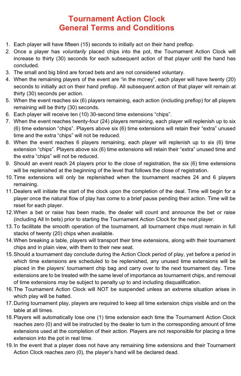 WynnPoker's tweet photo. Welcome to Day 2 of the @WPT Everyone for One Drop!

Action Clocks will be implemented after the first break, start of Level 13

Pre Flop
15 Seconds 
30 Seconds once chips have voluntarily been placed into play

Post Flop
30 Seconds for each action

10 Extensions of 30 seconds https://t.co/CLF5QwHPHr