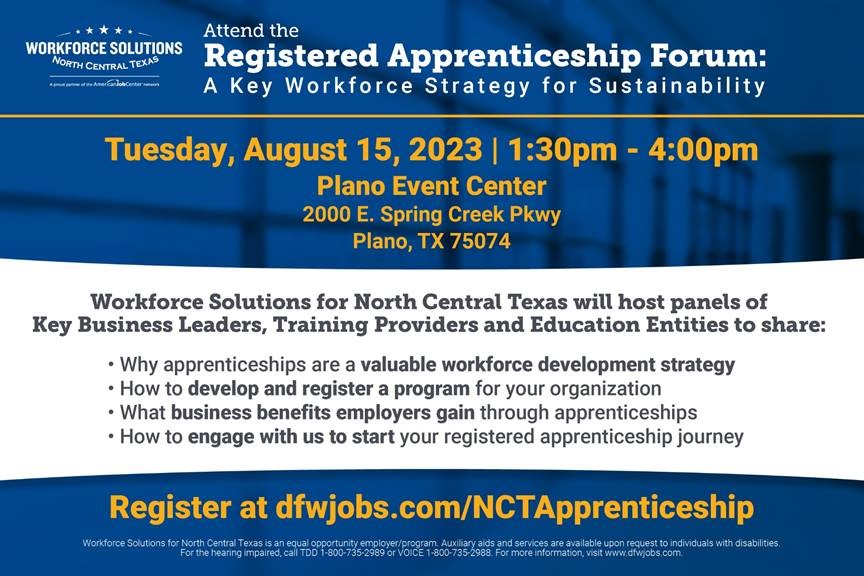 You are invited to attend WSNCT’s Registered Apprenticeship: A Key Workforce Strategy for Sustainability forum on Tuesday, August 15, 2023.  The FREE event will be held at the Plano Event Center from 1:30pm-4:00pm. 
dfwjobs.com/nctapprentices…
#apprenticeship #Workforce