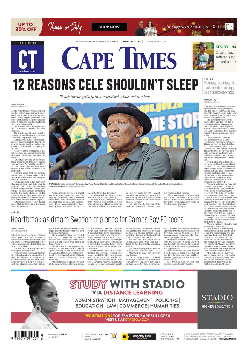 FrontPages1's tweet photo. Thursday's Cape Times (South Africa) #news #TomorrowsPapersToday #FrontPages #CapeTown #SouthAfrica https://t.co/iYG9NtgaRR