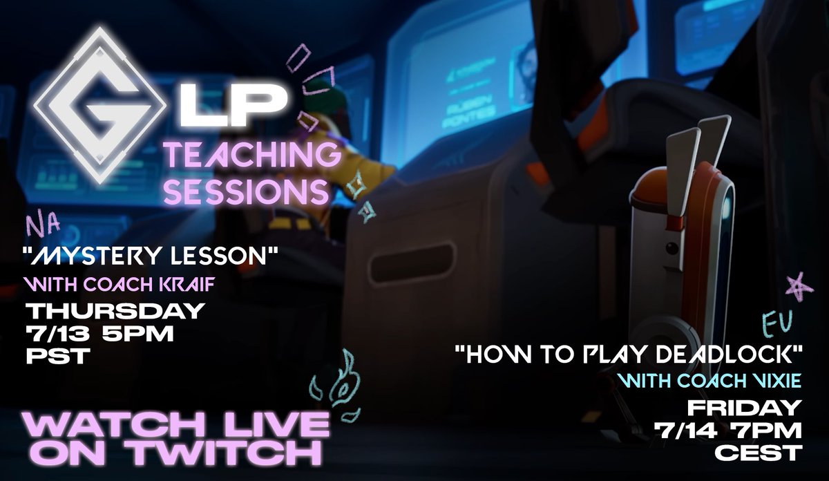 Galorants's tweet photo. Feeling like a surprise? Or maybe you haven’t mastered Deadlock yet? Check out our GLP sessions this week! ✨🤝

🍎 Mystery Lesson
📚 Teacher: @KraifTweets (NA)

🍎 How to Play Deadlock
📚 Teacher: @SapphicVixie (EU)

All ranks welcome! More details in our server 👾 https://t.co/eNWULCpTgk