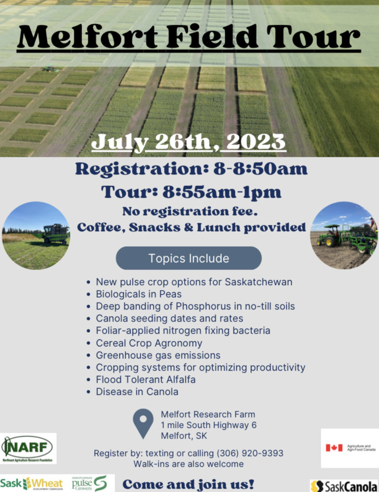 Join us for our Joint Annual Field tour on July 26th at the Melfort Research Farm. The tour will take off just shortly before 9am. We hope to see you there! Thanks to our sponsors ⁦@SaskCanola⁩ ⁦<a href="/SaskWheat/">Sask Wheat</a>⁩ ⁦<a href="/SaskPulse/">Saskatchewan Pulse Growers</a>⁩
