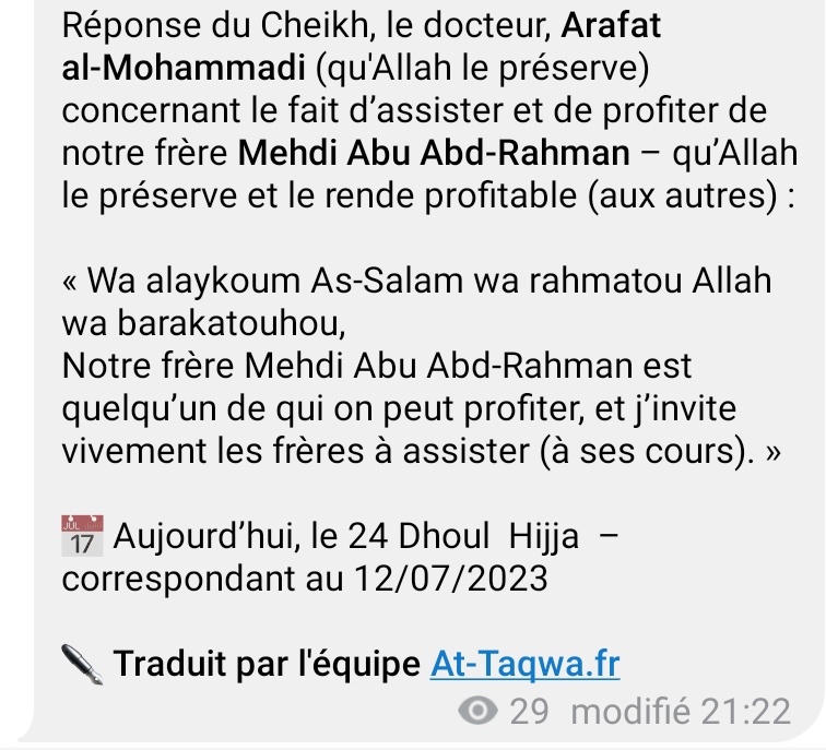 attaqwafr's tweet photo. Réponse du Cheikh, le docteur, Arafat al-Mohammadi (qu'Allah le préserve) concernant le fait d’assister et de profiter de notre frère Mehdi Abu Abd-Rahman – qu’Allah le préserve et le rende profitable (aux autres) :

📅Aujourd’hui, le 24 Dhoul Hijja  – correspondant au 12/07/2023 https://t.co/j4WFyXnvSC