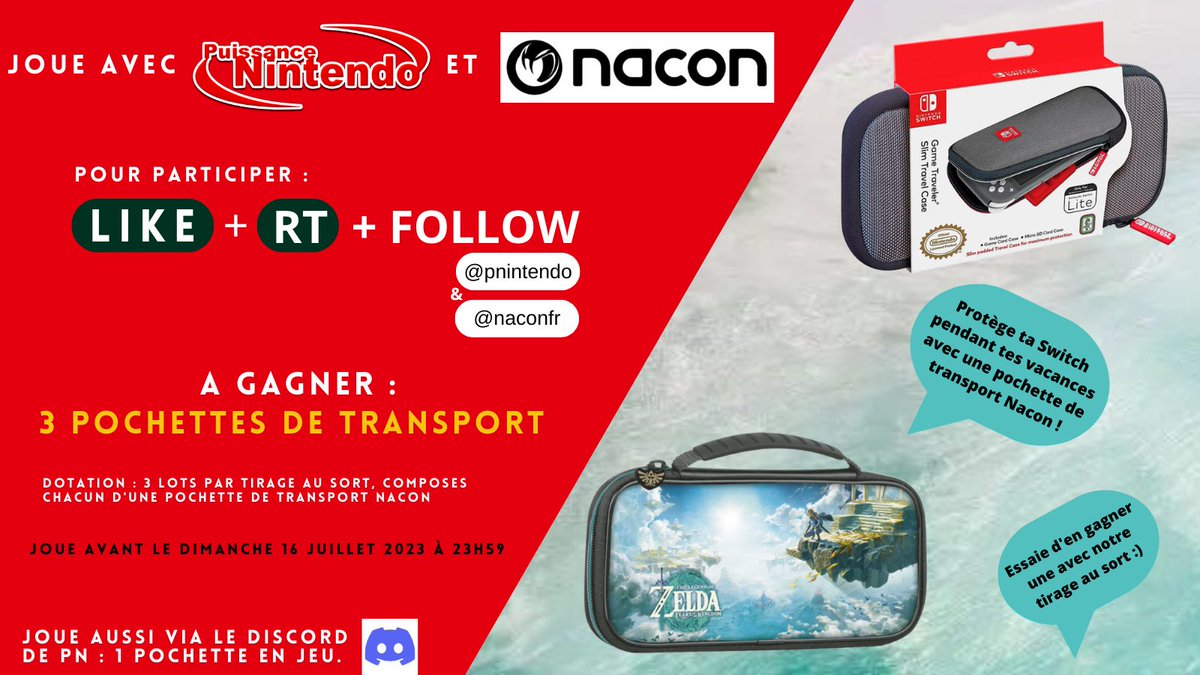 🚨#CONCOURS Gagnez une pochette de transport pour votre #NintendoSwitch avec @naconfr et <a href="/pnintendo/">Puissance Nintendo</a> 🤩 

Pour participer :
🩷Likez ce message
🫱Retweetez-le
▶️Suivez les comptes de <a href="/pnintendo/">Puissance Nintendo</a> et @naconfr 

Jouez avant le 16/07/23 à 23h59
Dotation : 3 pochettes
TAS 17/07/23