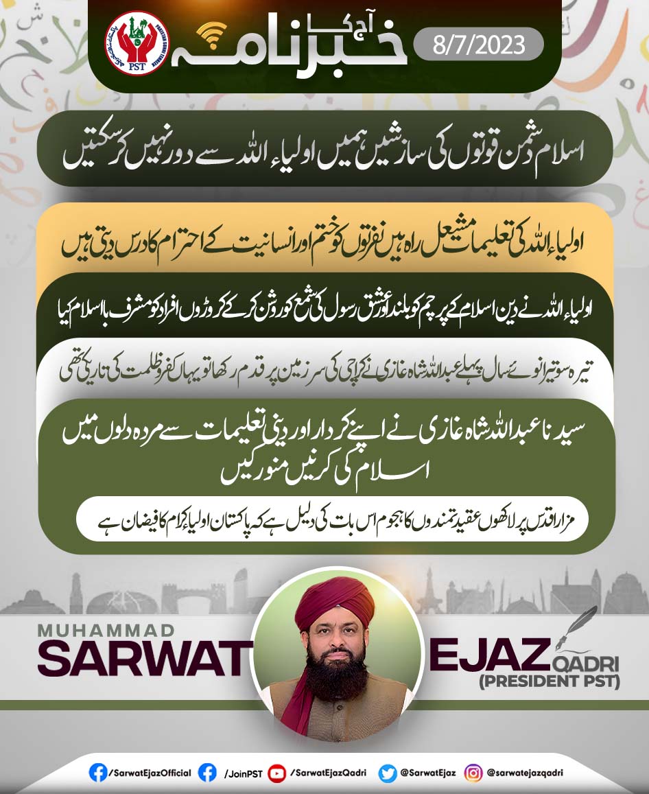 اسلام دشمن قوتوں کی سازشیں  ہمیں اولیاء اللہ سے دور نہیں کرسکتیں،
سربراہ پاکستان سنی تحریک محمد ثروت اعجاز قادری

#JoinPST #SarwatEjazQadri #PST #PakistanSunniTehreek #QadriForChange #PSTPakistan #SunniTehreek #News #BreakingNews #Pakistan #Pakistani #PSTMovement