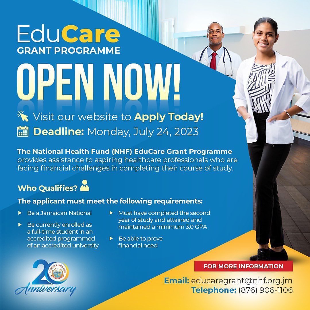 📢 Calling all aspiring health professionals! 🩺🎓 

The NHF EduCare Grant Programme is officially OPEN! 🌟 

If you're facing financial challenges, this grant is your chance to receive the support you deserve. 💪🏼💰 

Don't miss out! 

Click the link in @nhfjamaica bio for more