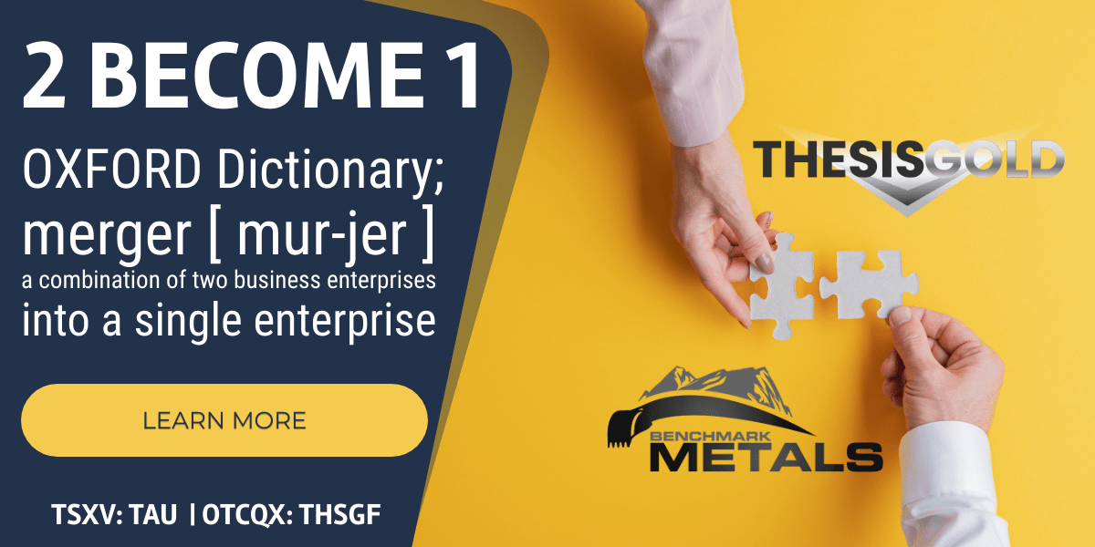 ThesisGoldSilv's tweet photo. To learn more about the recently announced Thesis Gold &amp; Benchmark Metals merger, please visit:

https://t.co/PCHOQpcb1A

$TAU.V | $THSGF | $BNCH.V | $BNCHF #thesisgold #benchmarkmetals #merger #gold #goldexploration #tsxv #otcqx #au #mining https://t.co/qmWAtzlAWE