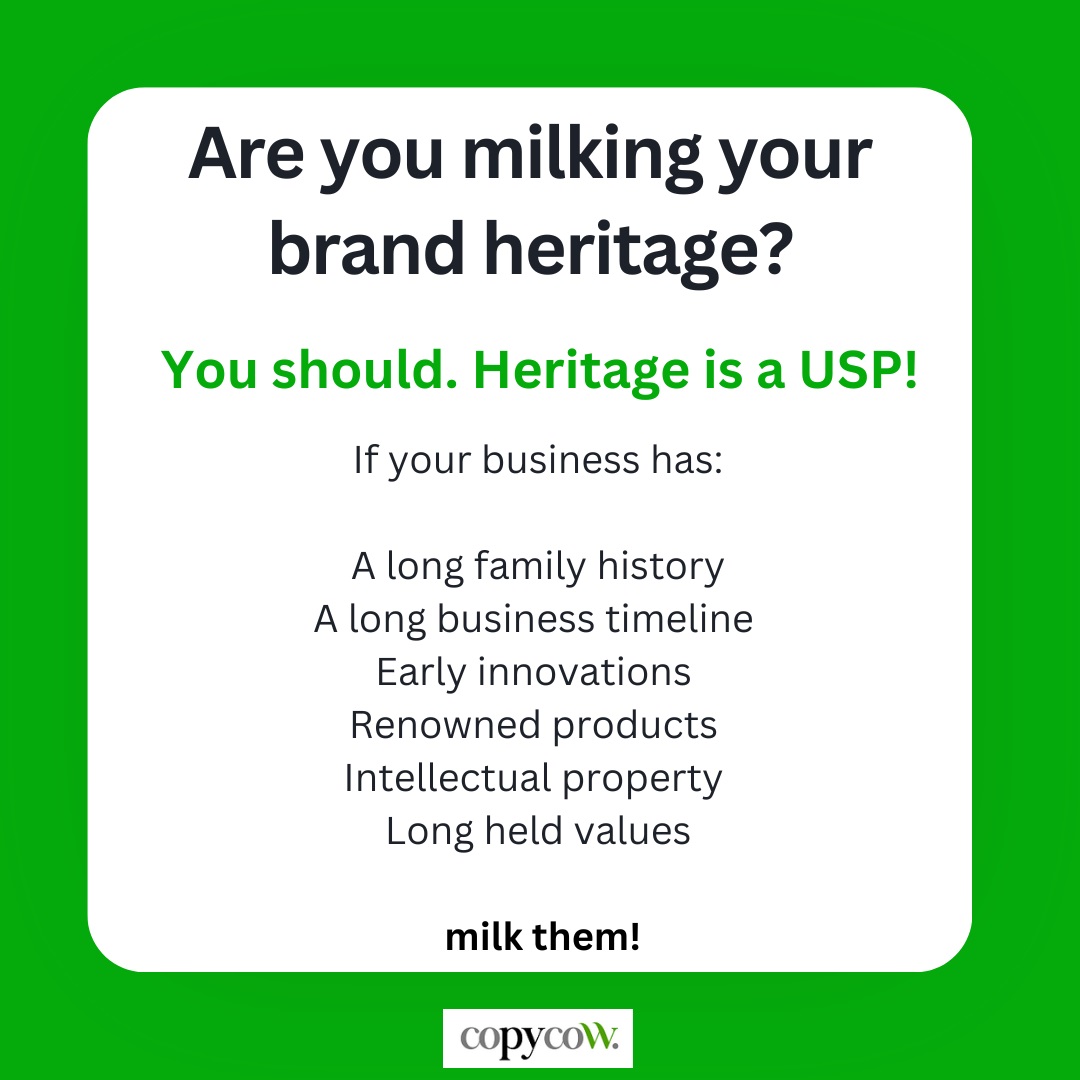 CopycowUK's tweet photo. Heritage is a USP. People❤️heritage brands. They love the nostalgia of the past – it gives them a reason to believe, and it emotionally engages people because it is a real story. #brand #heritage #longevity #value #trust #business #usp #copywriting #content #marketing https://t.co/TAA9jZAaBg