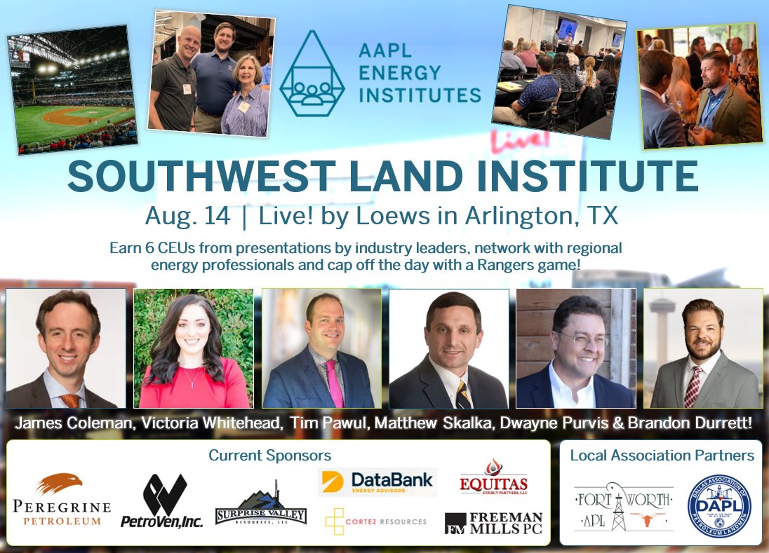 AAPLlandman's tweet photo. Catch us on Aug. 14 in Arlington, Texas, for a day full of education, networking and baseball. Learn from @victoriarosetx, @EnergyLawProf, @DPurvisPE and more. After the education, watch the Rangers vs. Angels! https://t.co/Hdib5iej7B
#PoweringtheProfession #AmericasLandmen https://t.co/kpyBcaY0Fc