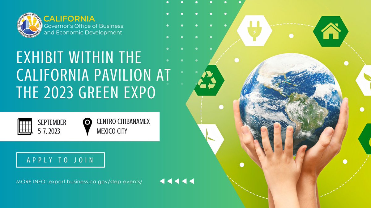 Exhibit at the 2023 Green Expo in Mexico City with us! #CaliforniaSTEP eligible small businesses can participate at a significantly reduced cost.
More info: export.business.ca.gov/step-events
Register: step.business.ca.gov

#GOBizInternational #GOBizAmericas #CleanTech #WaterTech #Mexico