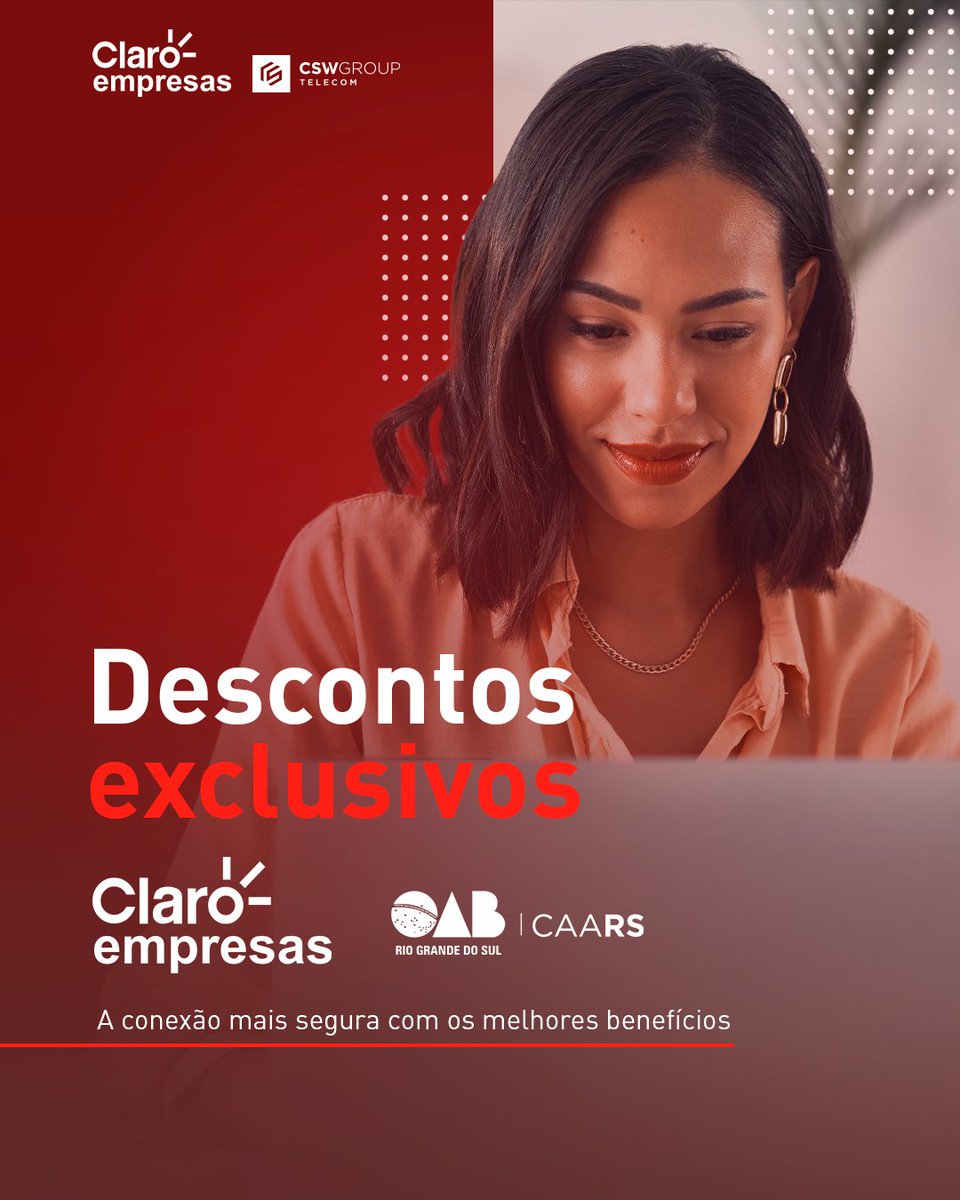 caars's tweet photo. CAARS e Claro: uma parceria de vantagens e benefícios para a advocacia gaúcha.

Venha ser cliente Claro Empresas e tenha muita tecnologia e conectividade no seu dia a dia.

Descontos exclusivos! Entre em contato e transforme o futuro do seu negócio. 💹 https://t.co/OUdu7LBWkX