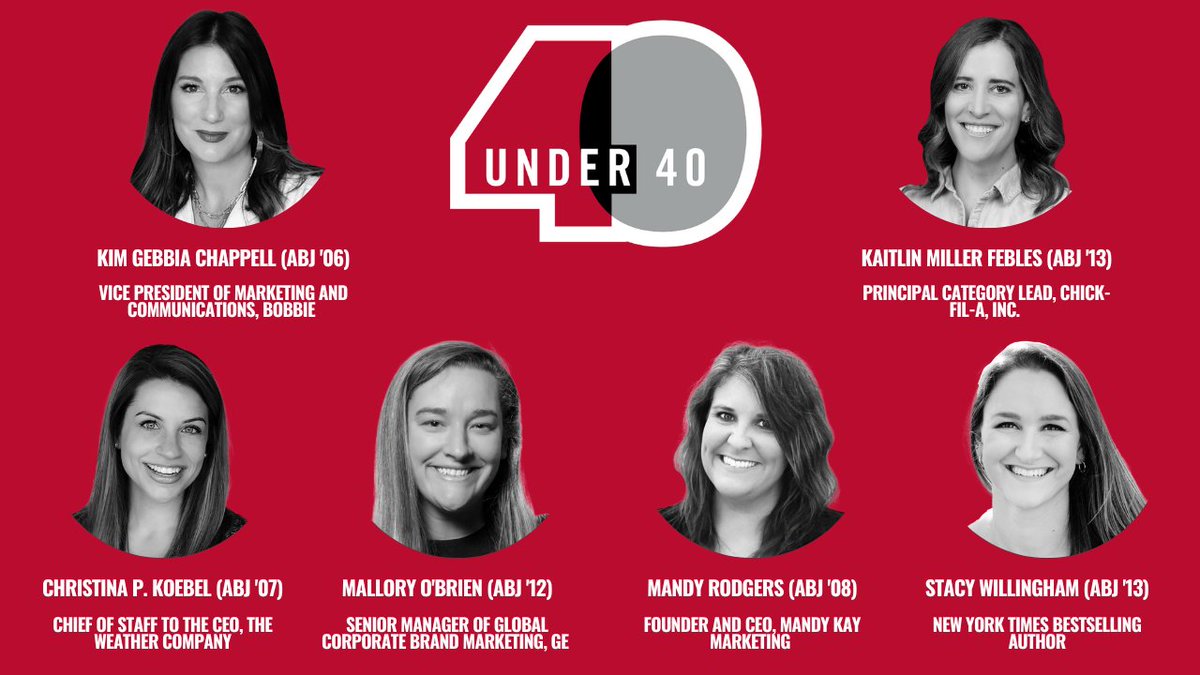 We are thrilled to have six alumnae named to the <a href="/ugaalumniassoc/">UGA Alumni</a> 40 under 40 list today!

Congratulations to:
⭐️ <a href="/KimGChappell/">Kim Gebbia Chappell</a> (ABJ '06)
⭐️ <a href="/kaitmfebles/">Kaitlin Miller Febles</a> (ABJ '13)
⭐️ Christina Koebel (ABJ '07)
⭐️ <a href="/mallory_obrien/">Mallory O'Brien</a> (ABJ '12)
⭐️ <a href="/Mkr512/">Mandy Rodgers</a> (ABJ 08)
⭐️ <a href="/svwillingham/">Stacy Willingham</a> (ABJ '08)

#UGA40U40