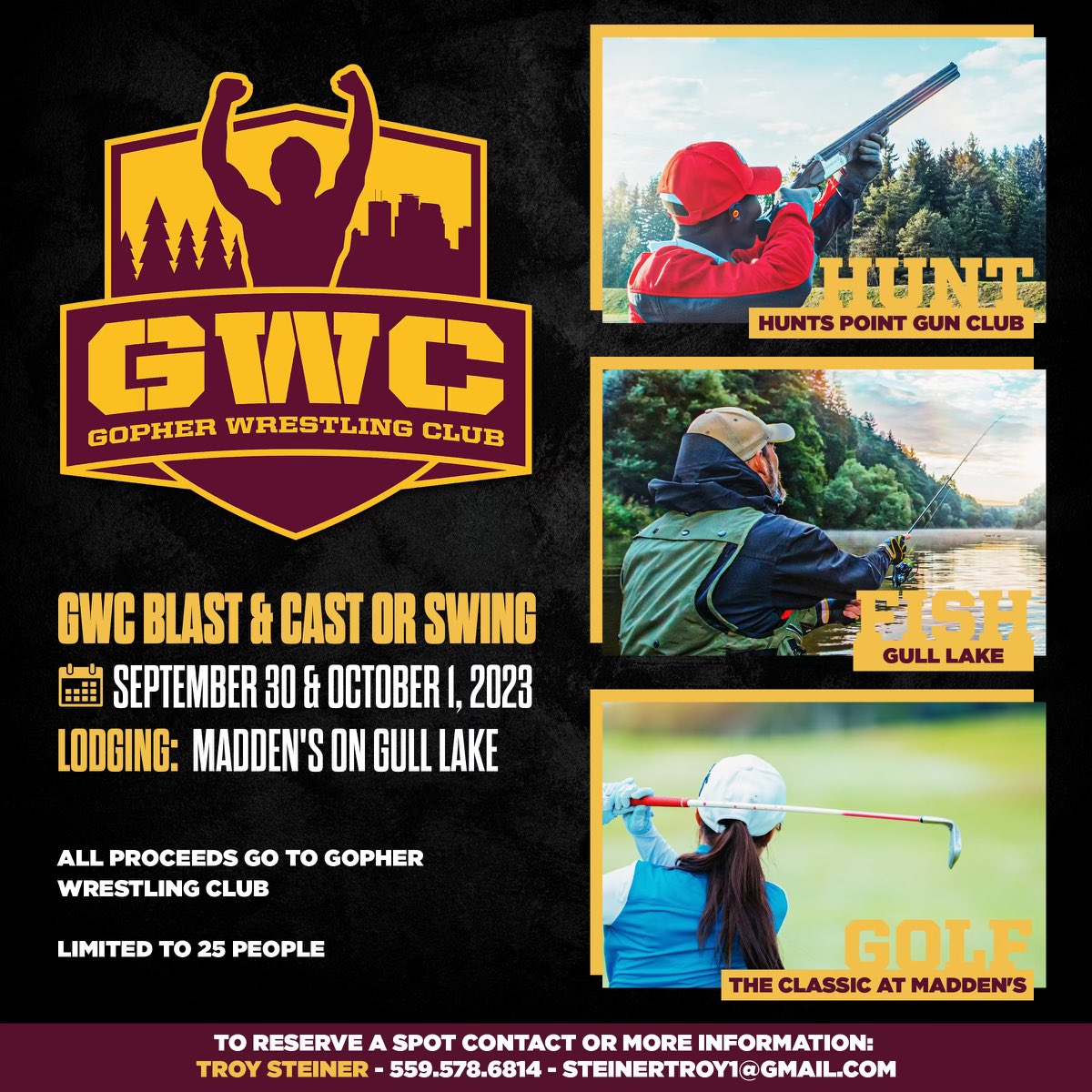 We have another incredible opportunity for you to support our GWC athletes this fall as we introduce our 𝐆𝐖𝐂 𝐁𝐥𝐚𝐬𝐭 &amp; 𝐂𝐚𝐬𝐭 𝐨𝐫 𝐒𝐰𝐢𝐧𝐠! 

Limited availability so don’t wait to secure your spot! For more information, contact Coach Steiner!