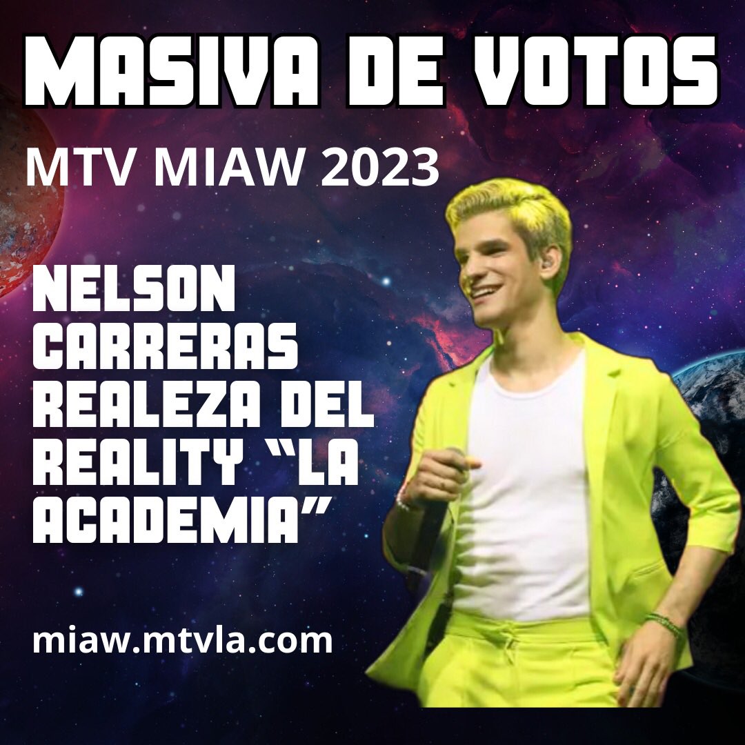 MASIVA DE VOTOS
02:00 pm a 03:00 pm

Nelson Carreras MTV Millenial Awards “Realeza del Reality”

Deja una captura al inicio y otra al finalizar para poder contar tus votos 

Recuerda que debe verse la hora en ambas capturas 

miaw.mtvla.com/vota/realeza-d…