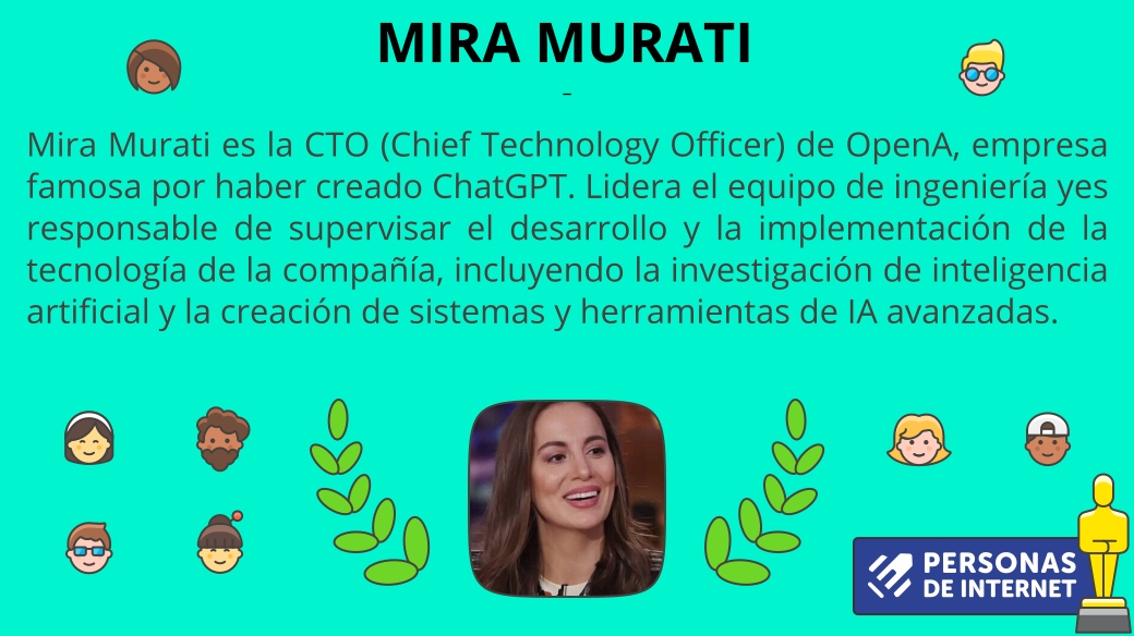 #PersonasDeInternet ¿Quién está detrás de Chatgpt ( o mejor dicho, al frente)? Mira Murati es la CTO de Open AI, la empresa que creó esta herramienta.