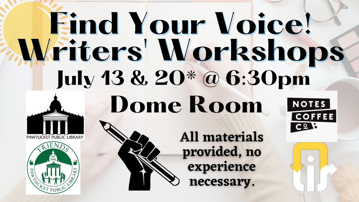 PawtucketPL's tweet image. Find Your Voice at our Writers' Workshops! Learn to write poetry and fiction. Earn 5 raffle tickets at each workshop, for a chance to win prizes! Register for Summer Reading here: pawtucketlibrary.beanstack.com/reader365 #pawtucketpubliclibrary #adultprograms #findyourvoice #writersworkshop