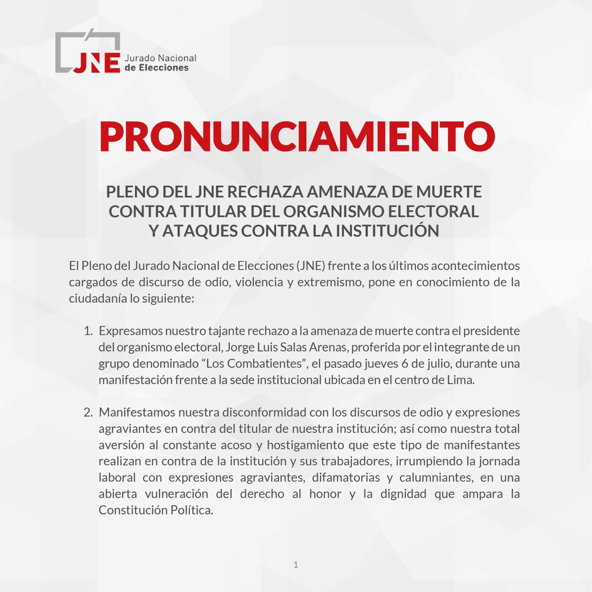 JNE_Peru's tweet photo. #LoÚltimo | Pronunciamiento del Pleno del JNE sobre amenazas de muerte al titular y ataques a la institución https://t.co/X1jdRvKCkS