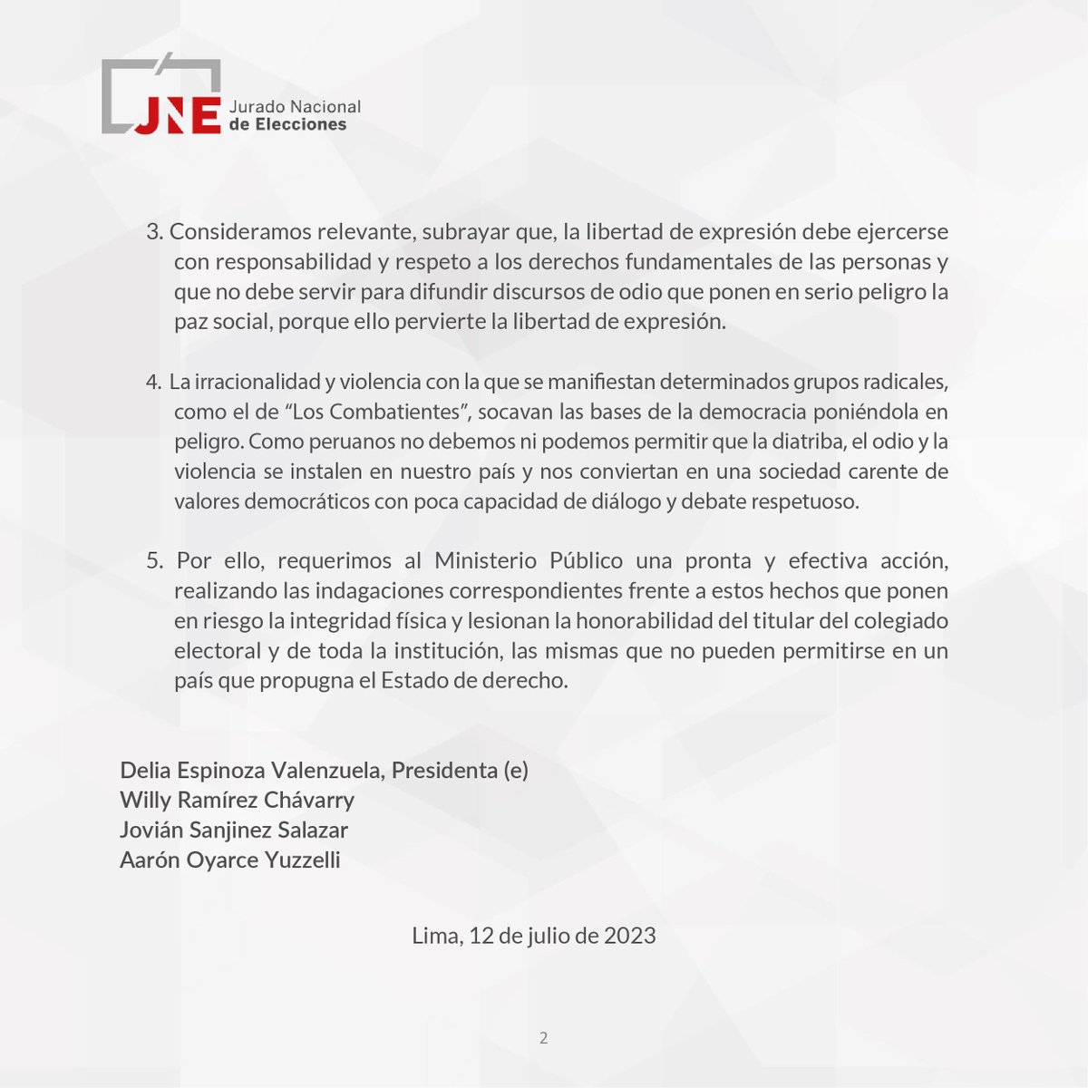 JNE_Peru's tweet photo. #LoÚltimo | Pronunciamiento del Pleno del JNE sobre amenazas de muerte al titular y ataques a la institución https://t.co/X1jdRvKCkS