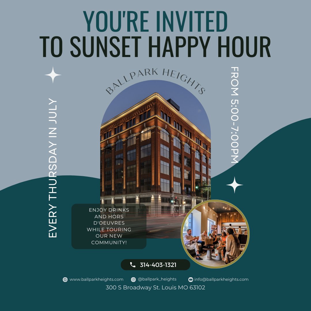 BallparkHeights's tweet photo. We've got a busy month planned! 
Stop in for a Sunset Happy Hour Tour, we'll be here every Thursday from 5-7 !

#sunsethappyhour #sunsettour #ballparkheights #downtownstl #stlapartmentliving #stlhappyhour #cominghome https://t.co/h5h0e4a5RX