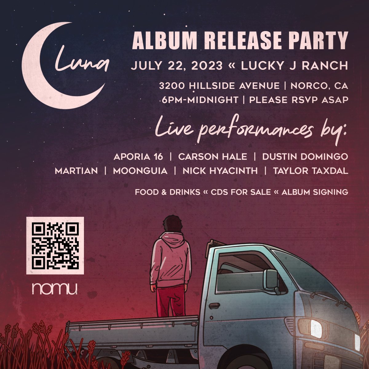 Norco Music is releasing their 21st album, "Luna," on July 23. It's a double album with 24 tracks, all created by Norco Music students and involves over 20 artists. Release Party on July 22 at 6pm. Scan the QR code to RSVP.