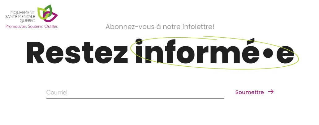 Abonnez-vous à notre infolettre afin de ne manquer aucune nouvelle du Mouvement SMQ! ✉️ 

Chaque mois, on y partage des nouveautés de nos partenaires et groupes-membres, on vous parle d'actualités, et plus encore!

bit.ly/3axWriI