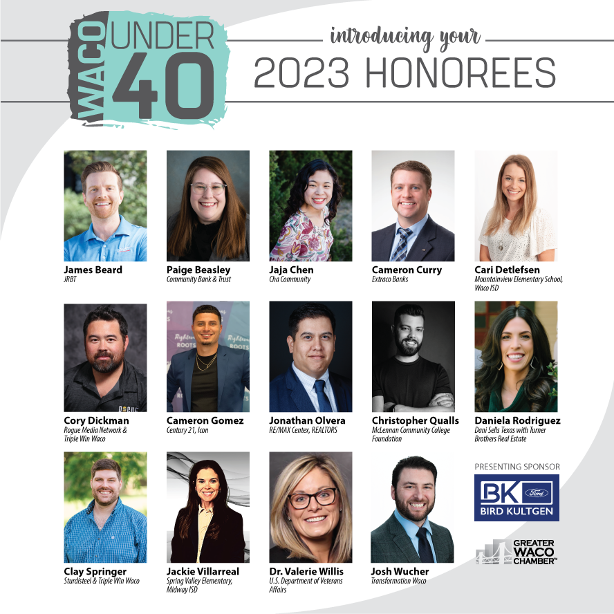 WacoChamber's tweet photo. 🎉 We're proud to introduce our 2023 Waco Under 40 Honorees: https://t.co/kz57aHJjtS
Watch here for video messages from our Honorees and mark your calendar to join us in recognizing them at the Waco Under 40 Celebration on Nov. 16.
Presenting sponsor: @BKFORDWACO https://t.co/AE93XJIq4t