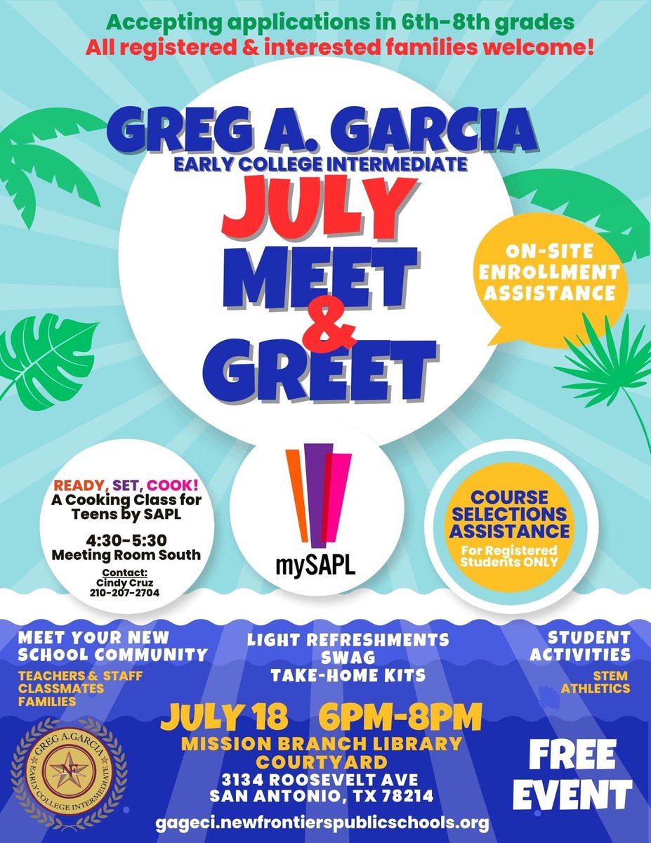 Save the Date! Our recent family Meet &amp; Greet event was so successful that we are hosting another opportunity for families to meet staff, enjoy summer treats, and participate in STEM activities.

📅Tuesday, July 18 6-8pm
📍Mission Branch Library