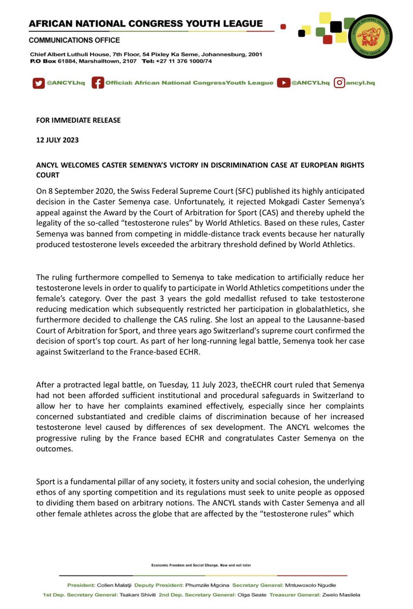 Collen_Malatji3's tweet photo. ANCYL WELCOMES CASTER SEMENYA’S VICTORY IN DISCRIMINATION CASE AT EUROPEAN RIGHTS COURT https://t.co/H4wMVe6iq7