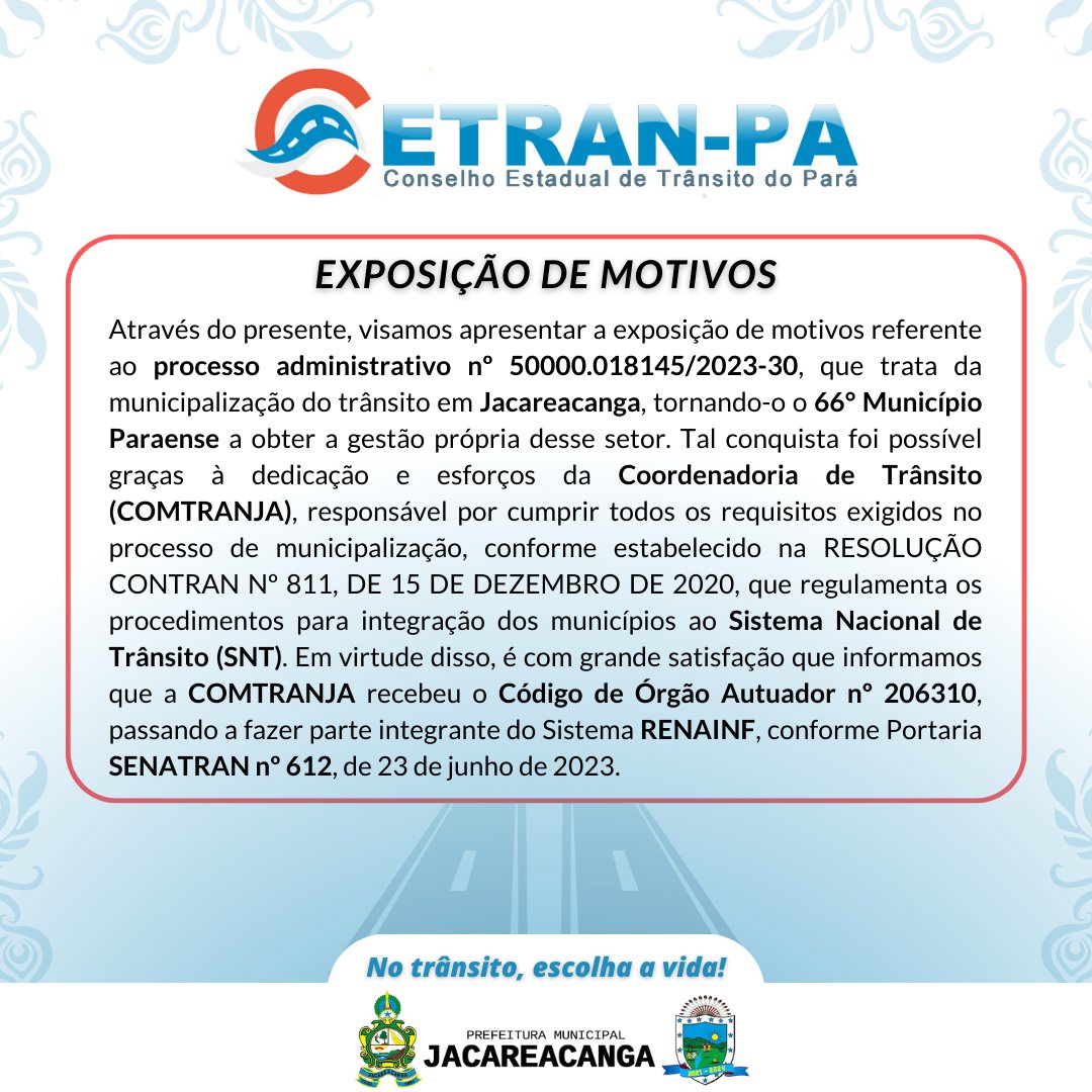 CetranPara's tweet photo. ✔ Através do presente, visamos apresentar o processo administrativo nº 50000.018145/2023-30, que trata da municipalização do trânsito em Jacareacanga, tornando-o o 66° Município Paraense a obter a gestão própria desse setor. 

👉 "No trânsito, escolha a vida." 🚦🚧🚨 https://t.co/vzKAbLIvo1