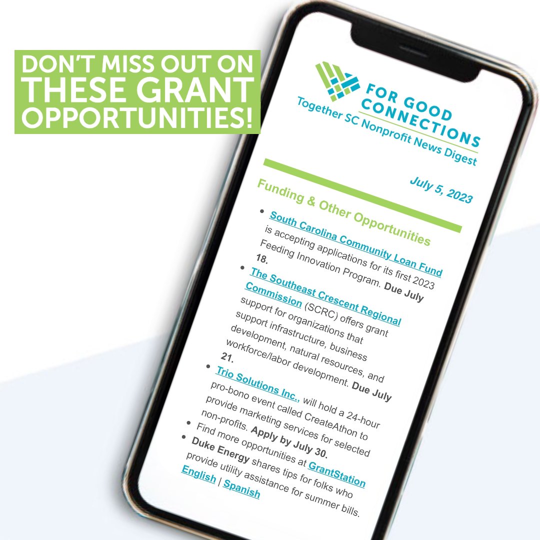 Don’t miss out on these grant opportunities from our partners: Get more grants in your inbox: togethersc.org/for-good-conne… Share your grant opportunities with us at communications@togethersc.org