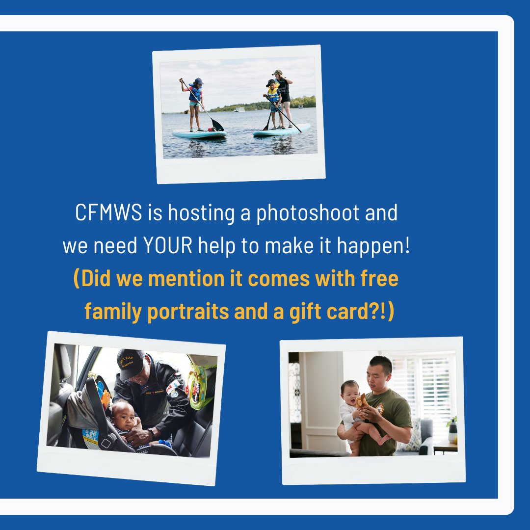 TorontoMFRC's tweet image. Vous êtes invité à une séance de portrait d'une heure dans le cadre de la campagne de la carte Mastercard BMO Appuyons nos troupes. (18-20 juillet)

Toutes les familles participantes recevront une carte-cadeau de 100 $ et des vêtements CANEX.

Contact : beauchamp.lee@cfmws.ca