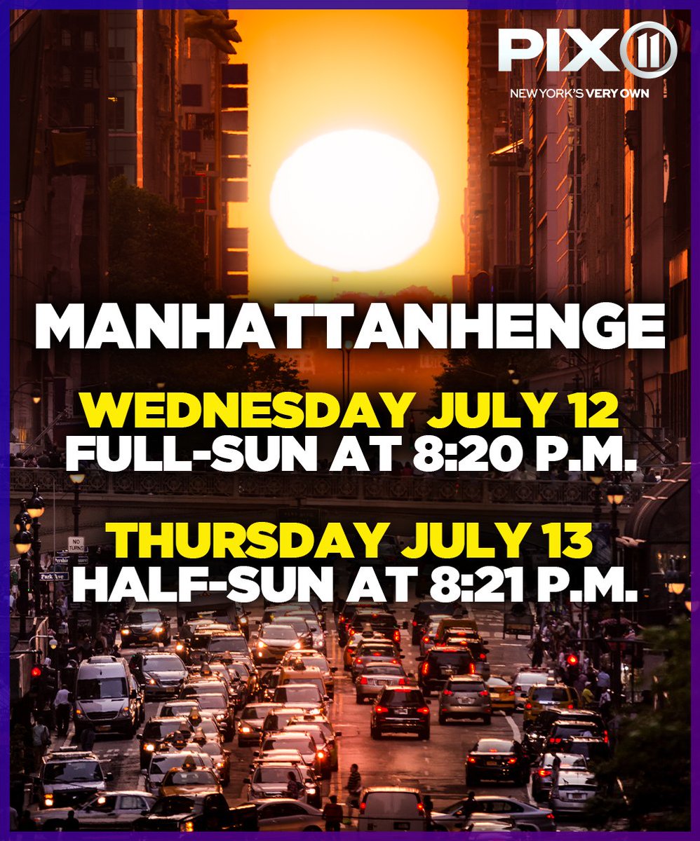 PIX11News's tweet photo. MANHATTANHENGE IS BACK! 🌇 #Manhattanhenge, the two-night celestial event when the sunset aligns perfectly with New York City’s street grid, will take place on  Wednesday and Thursday.

The best streets to view it in Manhattan are 14th st, 23rd st, 34th st, 42nd st and 57th st. https://t.co/R8F1kz8apF