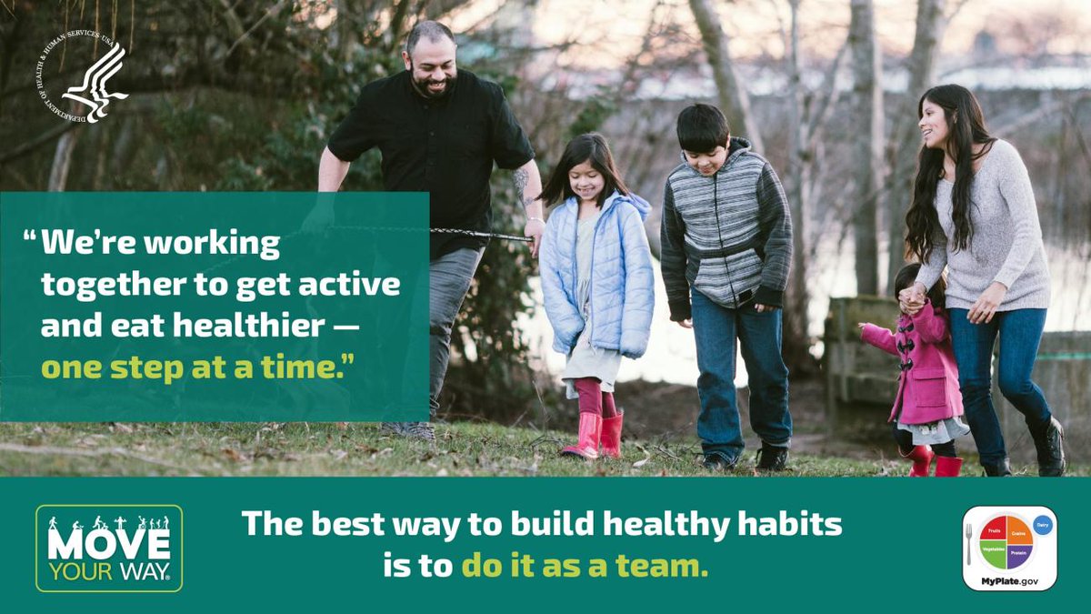 HealthierGen's tweet photo. Help your kids build healthy habits by doing it as a family! Find foods and activities you all enjoy — so you can eat healthy and #GetActive together. See how one family does it: https://t.co/VOpAqzPOgE #MoveYourWay #StartSimpleWithMyPlate @HealthGov https://t.co/3fHK220mqY