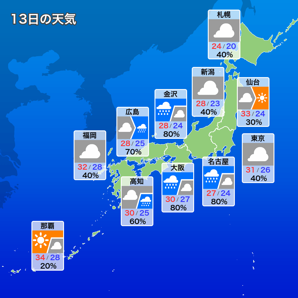 weather_ufbot's tweet photo. 本日7月13日の天気情報です。 https://t.co/jRpQJOCojH