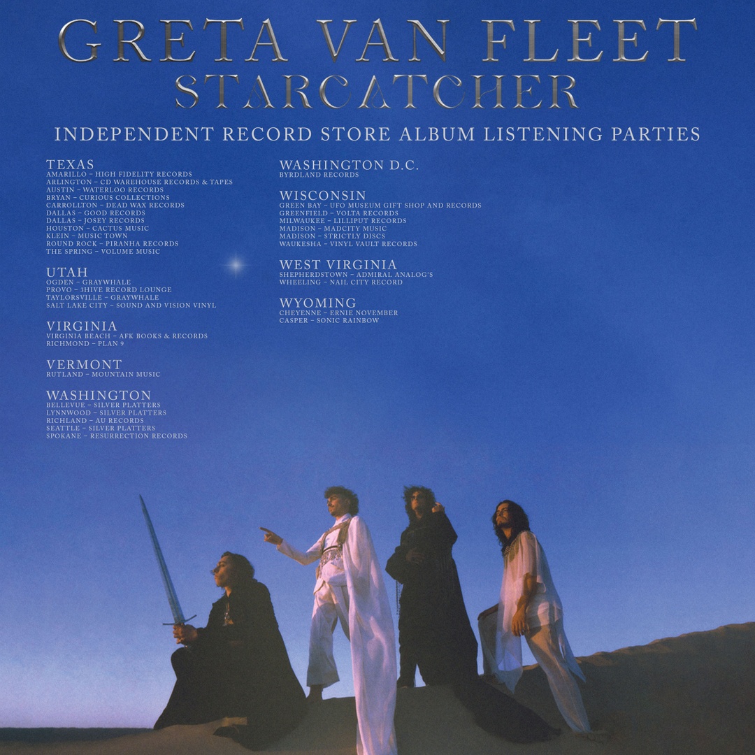 GretaVanFleet's tweet photo. To celebrate the upcoming release of our new album Starcatcher, we have partnered with 180 independent record stores to host album listening parties. For more information about locations, timing, and how to RSVP contact your local record store: https://t.co/NCGjZaifZm https://t.co/GBpwurptiR