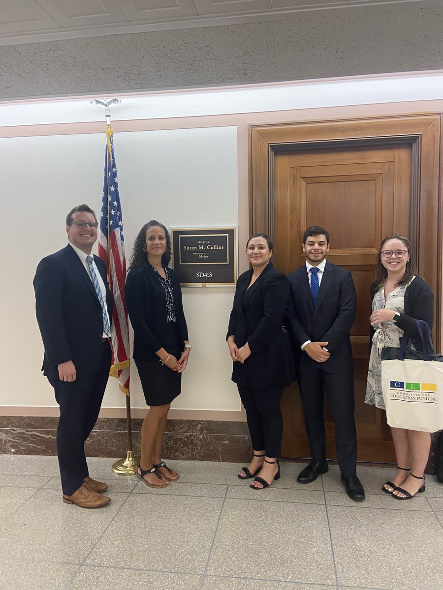 Great meeting today with the @SenatorCollins office during the @edfunding annual hill day! We know the Senator is a strong supporter for education and we look forward to her fierce advocacy in this Congress. #TimeforEdFunding #GEARUPworks @HACUNews @actecareertech @NAESP