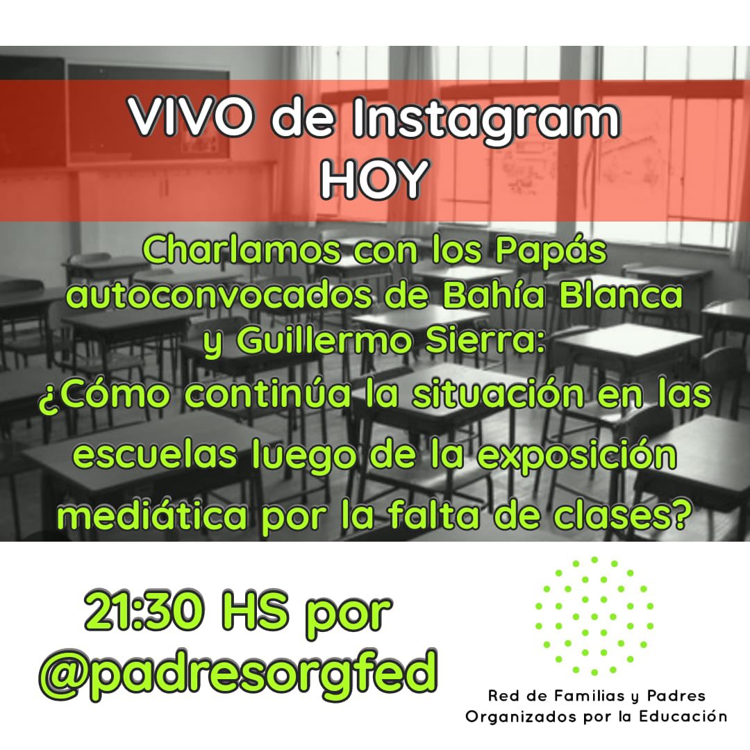 PadresOrgFed's tweet photo. Hoy 21:30hs vivo de Instagram desde @padresorgfed !!!

Charlamos con los  papás de Bahía para que nos cuenten cómo continúa la situación en las escuelas luego de la exposición mediática por la falta de clases.

En vivo por Instagram: https://t.co/OVy1o88eyz https://t.co/SKUc39tZ12