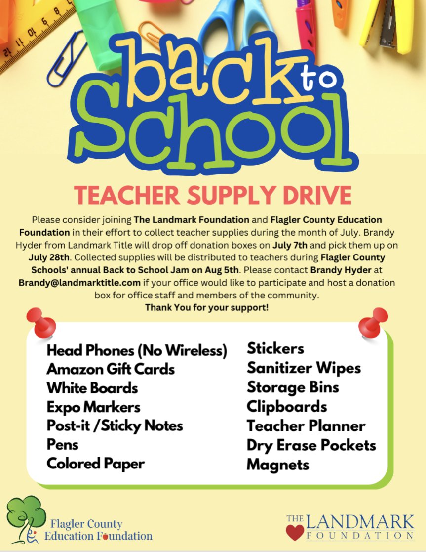 Collected supplies will be distributed to teachers during Flagler County Schools' annual Back to School Jam on Aug 5th. If you have any supplies you’d like to donate please drop them off at our office before the 28th. Thank you!#backtoschoolsupplies #teachersupplydrive #donations