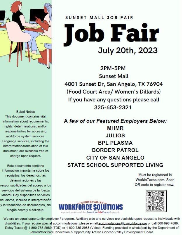 AngeloCareerCen's tweet photo. Sunset Mall Job Fair July 20th from 2-5 PM
#borderpatrol #MHMR #Julios #plasma #cosa #stateschool #workforcesolutions https://t.co/fBlkHM0rqv