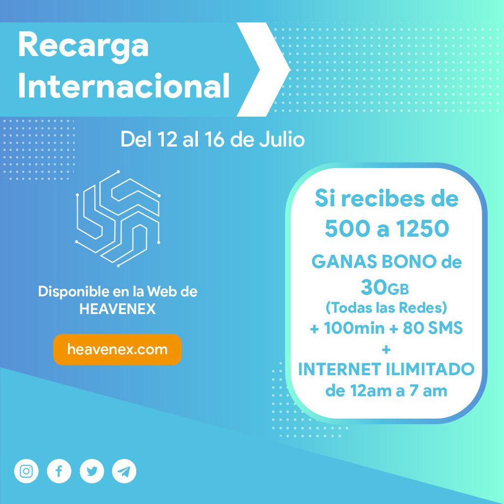 Desde la Web de HeavenEx 🌐 puedes usar nuestros servicios de recarga móvil📱

Desde el día 12 hasta el 16 de Julio

¡Seguimos mejorando, porque nuestra prioridad es usted!🚀
.
.
.
#heavenex #cuba #RecargaInternacional #criptomonedas  #criptocomunidad #planes #promocion