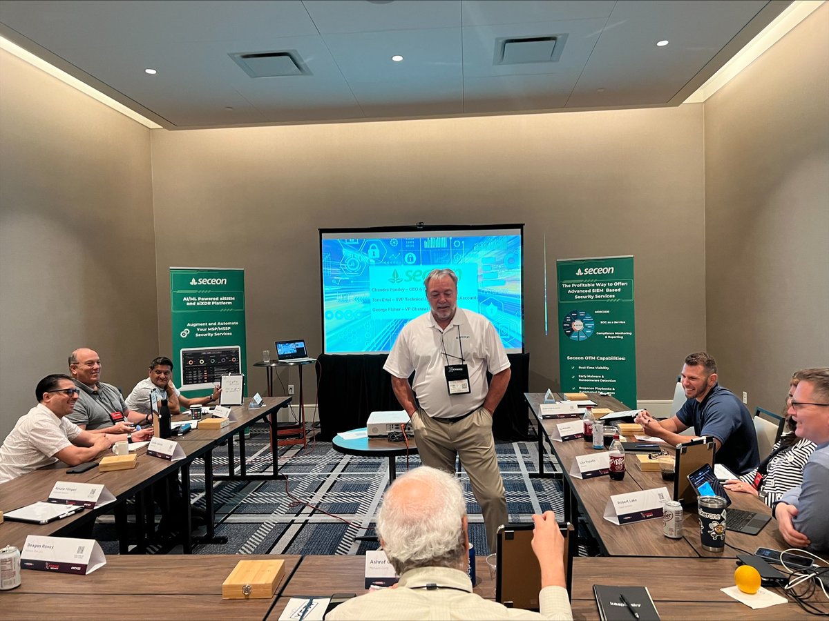 Seceon_Inc's tweet photo. We had a great boardroom session at #XCH23 in Dallas Texas today! We discussed the challenges and opportunities that #MSP and #MSSPs have in offering and delivering profitable and effective SIEM-based cybersecurity services. #XChangeSecurity @TheChannelCo https://t.co/ZX1bdYiZR5