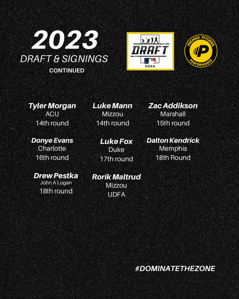 A big congratulations to all current and former PPP athletes and partner school players on their recent draft selections and signings.

There’s so much hard work that leads up to draft day. Take a minute to appreciate the accomplishment! 

#DominateTheZone | #PremierPitching