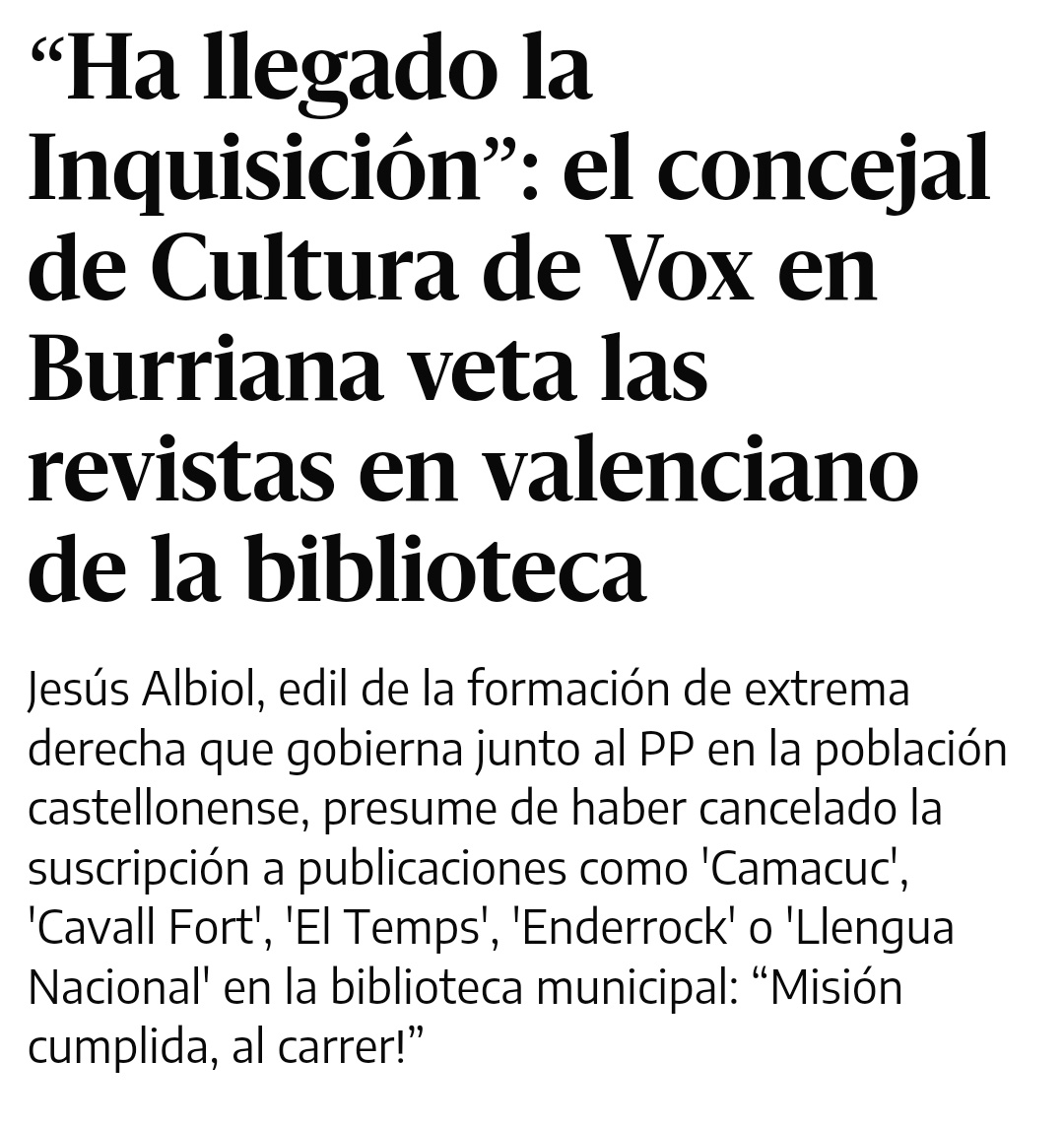 És lamentable i preocupant veure com el govern de PP i Vox ha decidit vetar la revista Camacuc Digital i altres materials de cultura i ensenyament per als més xicotets. Com a valencians, ens sentim frustrats i indignats davant d'aquesta censura 🙄