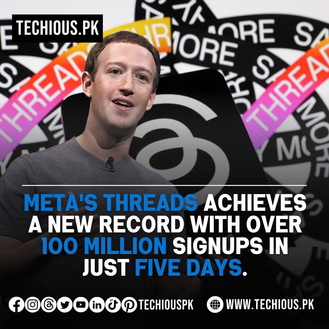 TechiousPk's tweet photo. Threads, has attracted an impressive 100 million users worldwide. This accomplishment surpasses the previous record set by AI tool ChatGPT, which took two months to reach the same milestone. 
#techiouspk #Meta #Threads #Twitter #MarkZuckerberg #Instagram 
https://t.co/3oSS3qHD7j https://t.co/0LhiEFEBJM