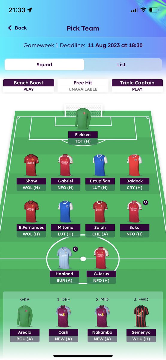 fortune_keegan's tweet photo. @LetsTalk_FPL Have 0.5mil in the bank 

Gk:Flekken could be any 4.5 gk

Def : baldock and cash to rotate ( can upgrade if needed ) 

Mid : mitoma 6.5 mil place holder , fernandes could became rashford/son 

Forward : haaland - duh , Jesus place holder 

Conercens :2 premiums draft https://t.co/mJenRJDup5