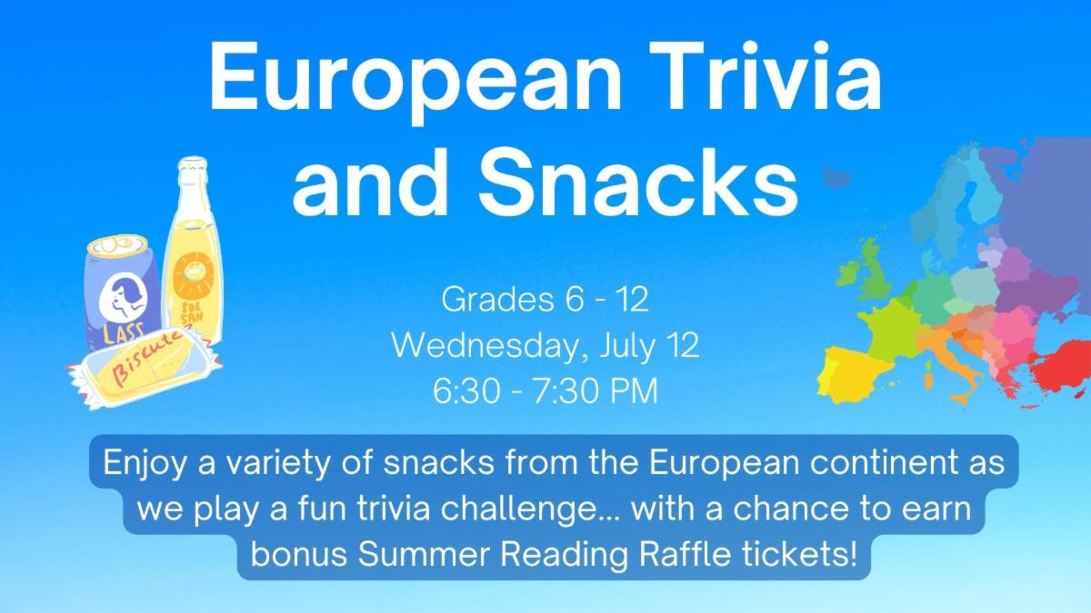 TONIGHT for teens and tweens grades 6-12 - European Trivia and Snacks. More details below: 

conta.cc/3JOaxLC
conta.cc/46NVGua