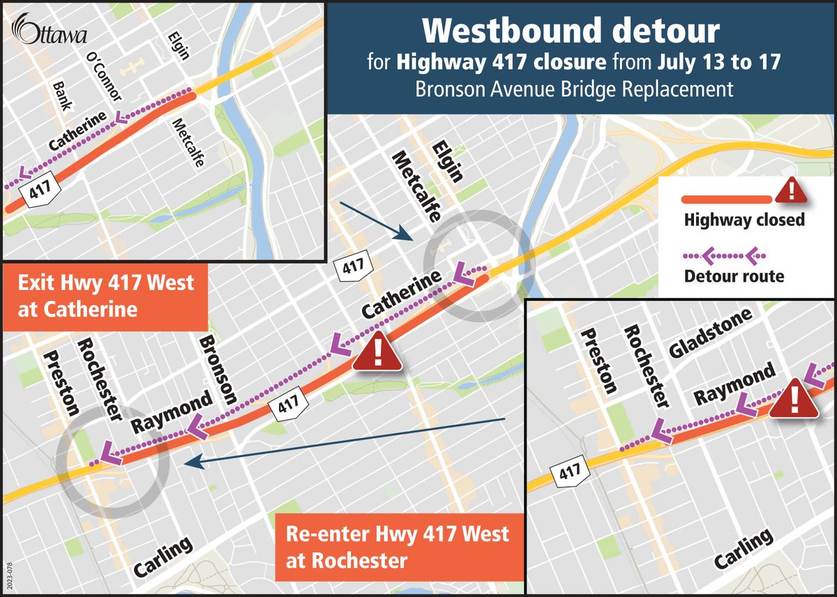 Starting tomorrow, July 13 at 8 pm until July 17 at 6 am the following sections of Highway 417 will be closed for the Bronson rapid bridge replacement:
- Eastbound between Carling/Kirkwood &amp; Metcalfe
- Westbound between Metcalfe/Catherine &amp; Rochester
Info: bit.ly/3PSownc