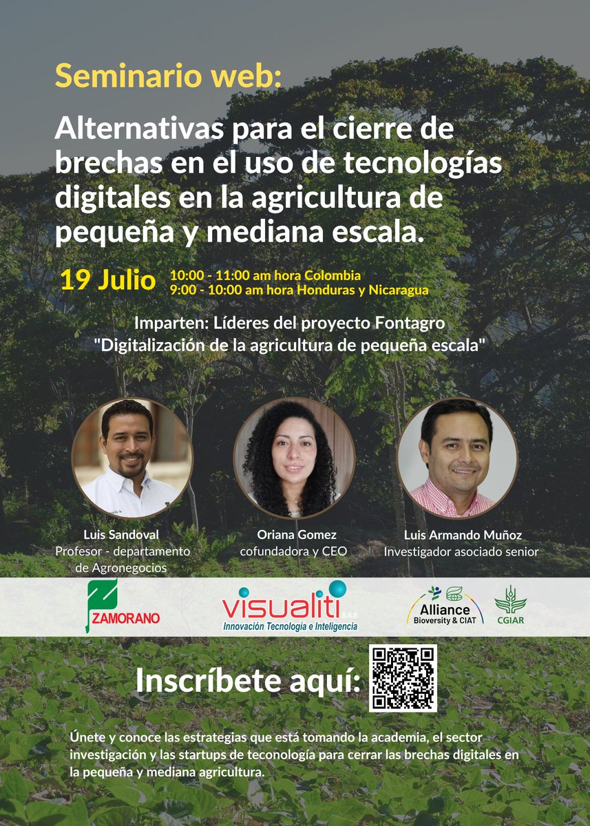 Invitamos a investigadores y profesionales de la agricultura a participar en nuestro seminario web: Alternativas para el cierre de brechas en el uso de tecnologías digitales en la agricultura de pequeña y mediana escala.
🗓️19 de julio 
⏰10:00 a.m. 🇨🇴 
🔗 n9.cl/6iojo