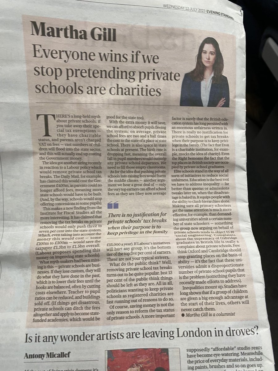 keithhardie's tweet photo. Martha Gill has this entirely correct - there is no justification for private schools to have charitable status and tax breaks. Good to see ⁦@standardnews⁩ on the right side. https://t.co/tPkscQZXGY